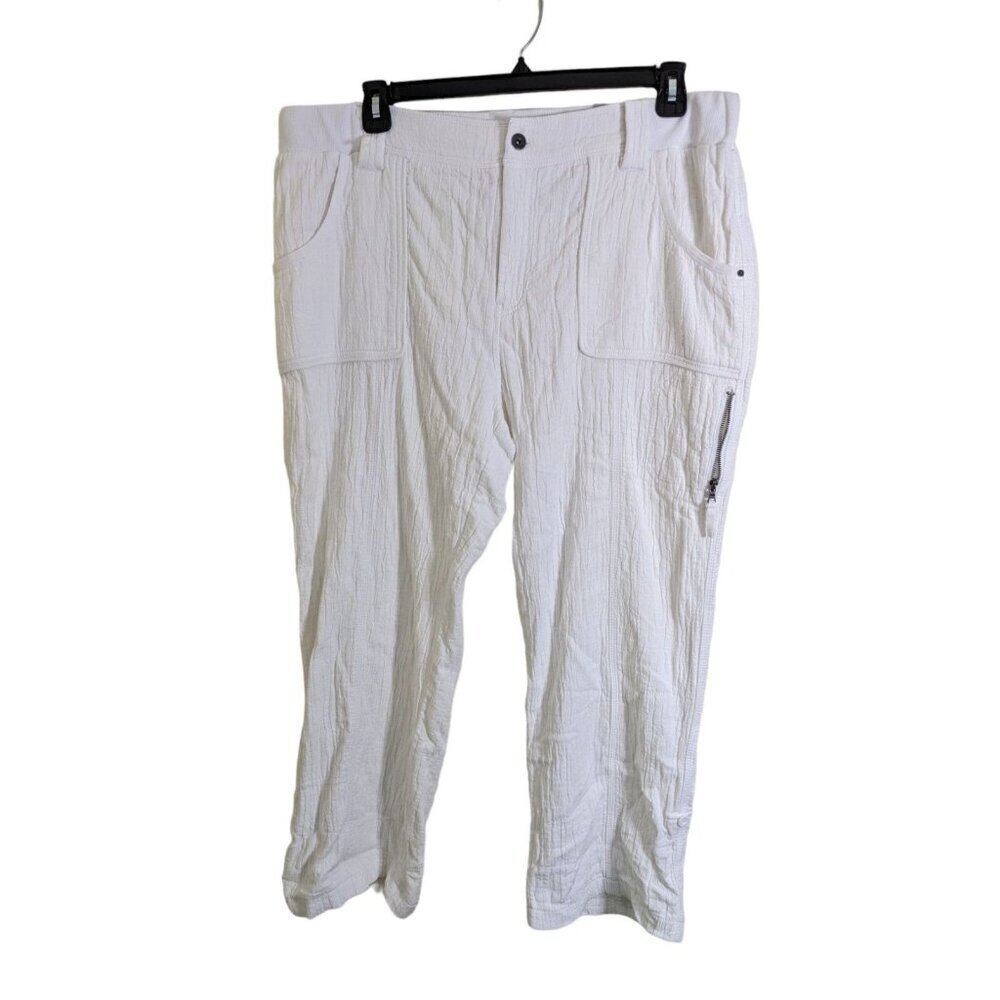 Chicos New Cargo Jogger Pants US Womens 16 Crinkle White Roll Tab Cotton Crop